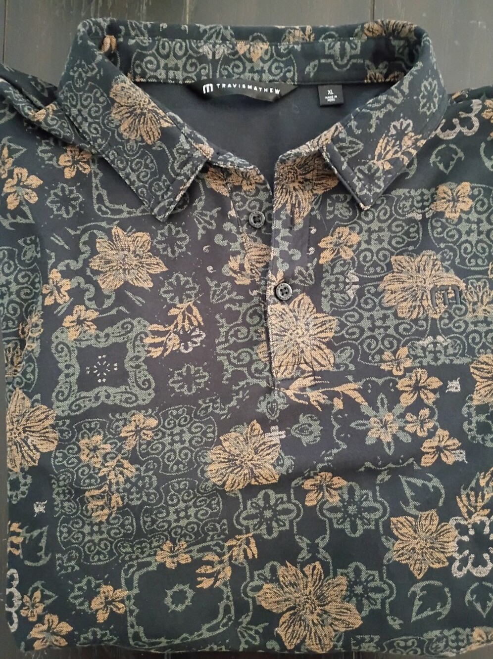 Travis Mathew Black Button-Down Shirt with Tan Floral Print